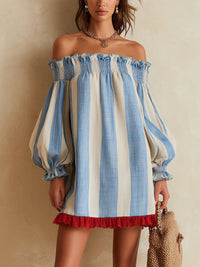 Ondine | Abito Mini Blu a Righe con Spalle Scoperte