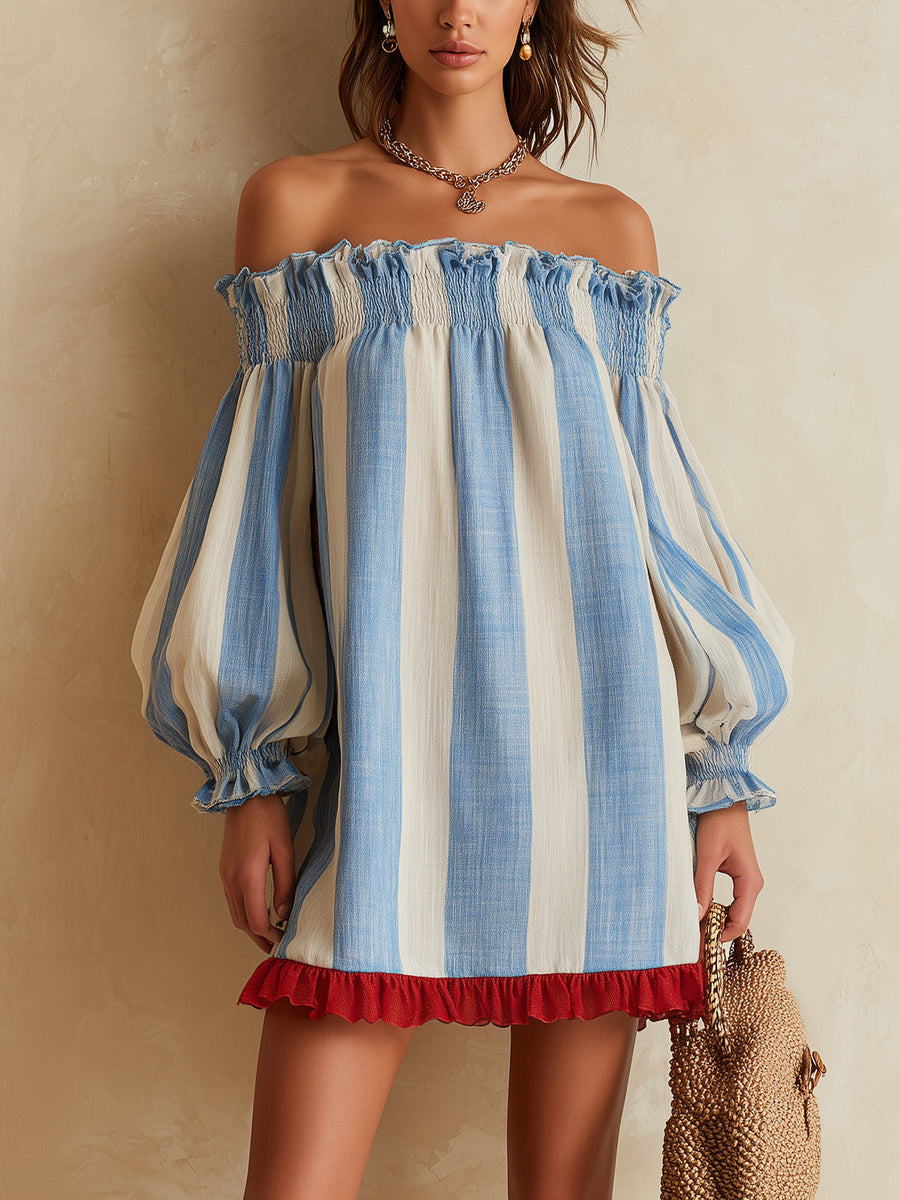 Ondine | Abito Mini Blu a Righe con Spalle Scoperte