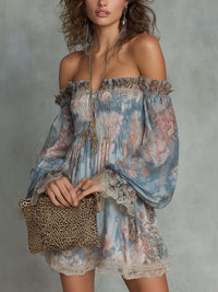 Romane | Abito Mini in Chiffon con Motivo Floreale con Spalle Scoperte Arricciato