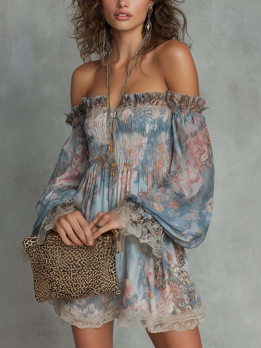 Romane | Abito Mini in Chiffon con Motivo Floreale con Spalle Scoperte Arricciato