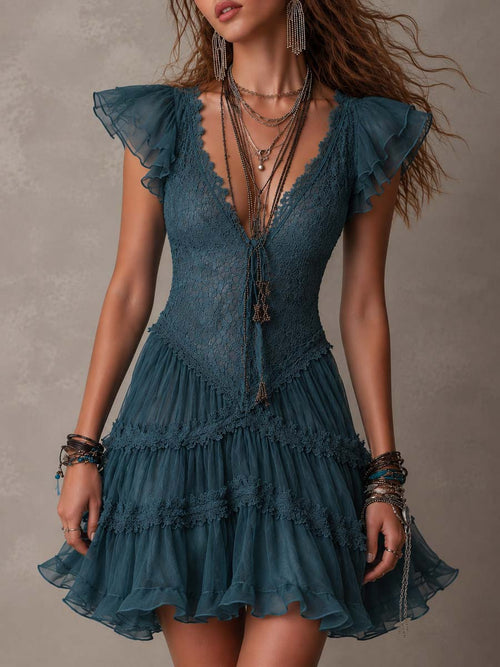 Delphine | Retrò Abito Mini in Pizzo Blu con Volant™