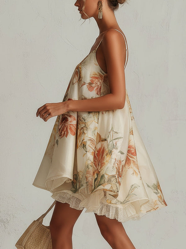 Blanche | Abito Mini in Pizzo Beige con Motivo Floreale