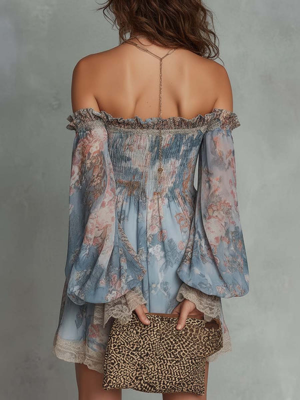 Romane | Abito Mini in Chiffon con Motivo Floreale con Spalle Scoperte Arricciato