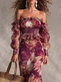 Rosette | Abito Maxi in Chiffon Rosa con Motivo Floreale con Spalle Scoperte