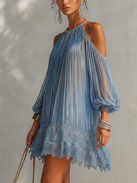 Séraphine | Abito Mini in Pizzo Blu con Spalle Scoperte Arricciato