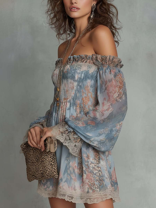 Romane | Abito Mini in Chiffon con Motivo Floreale con Spalle Scoperte Arricciato