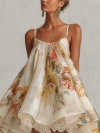 Blanche | Abito Mini in Pizzo Beige con Motivo Floreale