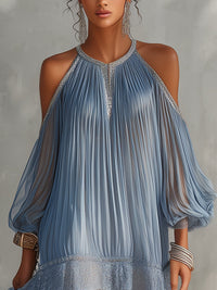Séraphine | Abito Mini in Pizzo Blu con Spalle Scoperte Arricciato