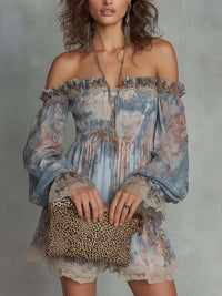 Romane | Abito Mini in Chiffon con Motivo Floreale con Spalle Scoperte Arricciato