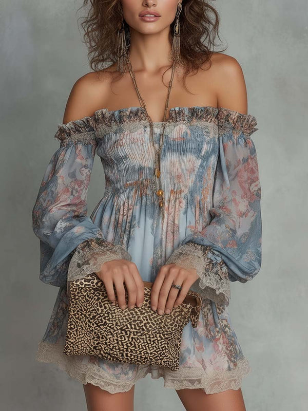 Romane | Abito Mini in Chiffon con Motivo Floreale con Spalle Scoperte Arricciato