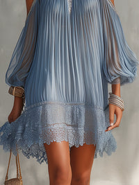 Séraphine | Abito Mini in Pizzo Blu con Spalle Scoperte Arricciato