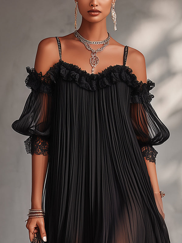 Camille | Abito Mini in Chiffon Nero con Spalle Scoperte