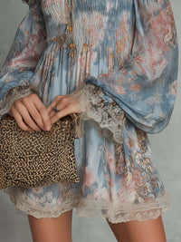 Romane | Abito Mini in Chiffon con Motivo Floreale con Spalle Scoperte Arricciato