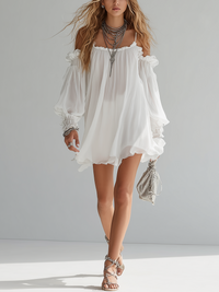 Mélusine | Boho Abito Mini in Chiffon Bianco con Spalle Scoperte