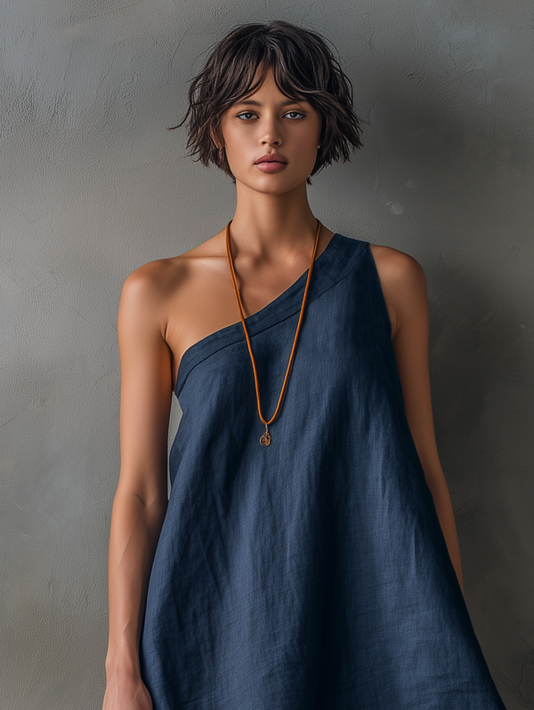 Ophélie | Abito Mini in Lino Monospalla con Frange