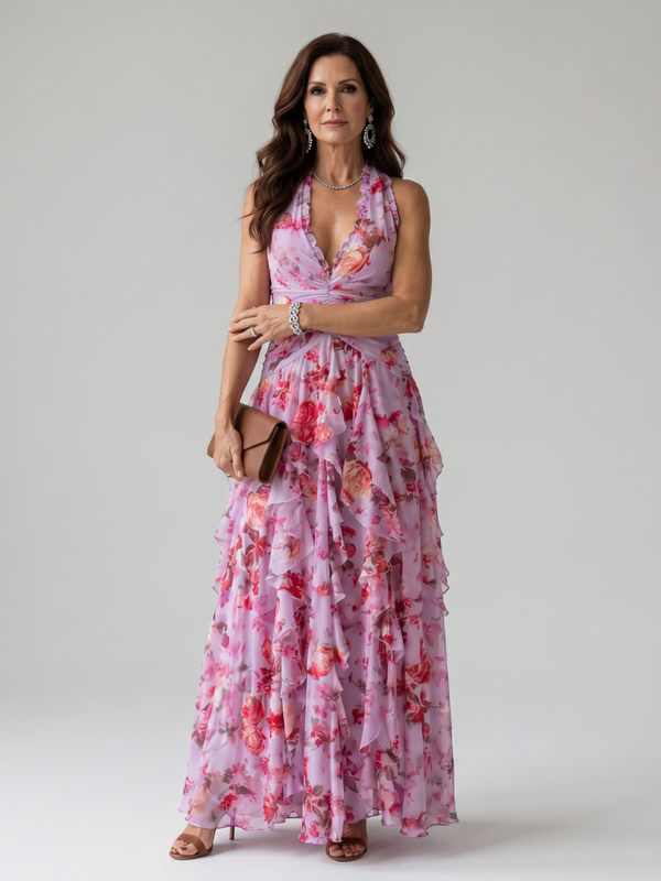 Nori | Abito Maxi con Motivo Floreale con Collo Halter Arricciato