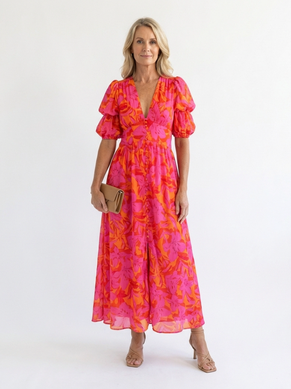 Violet & Grace | Abito Midi con Motivo Floreale con Scollo a V con Maniche a Sbuffo