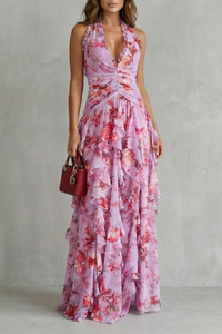 Abito Maxi con Motivo Floreale con Collo Halter