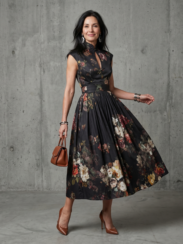 Greta | Abito Midi con Motivo Floreale con Collo Alto Plissettato