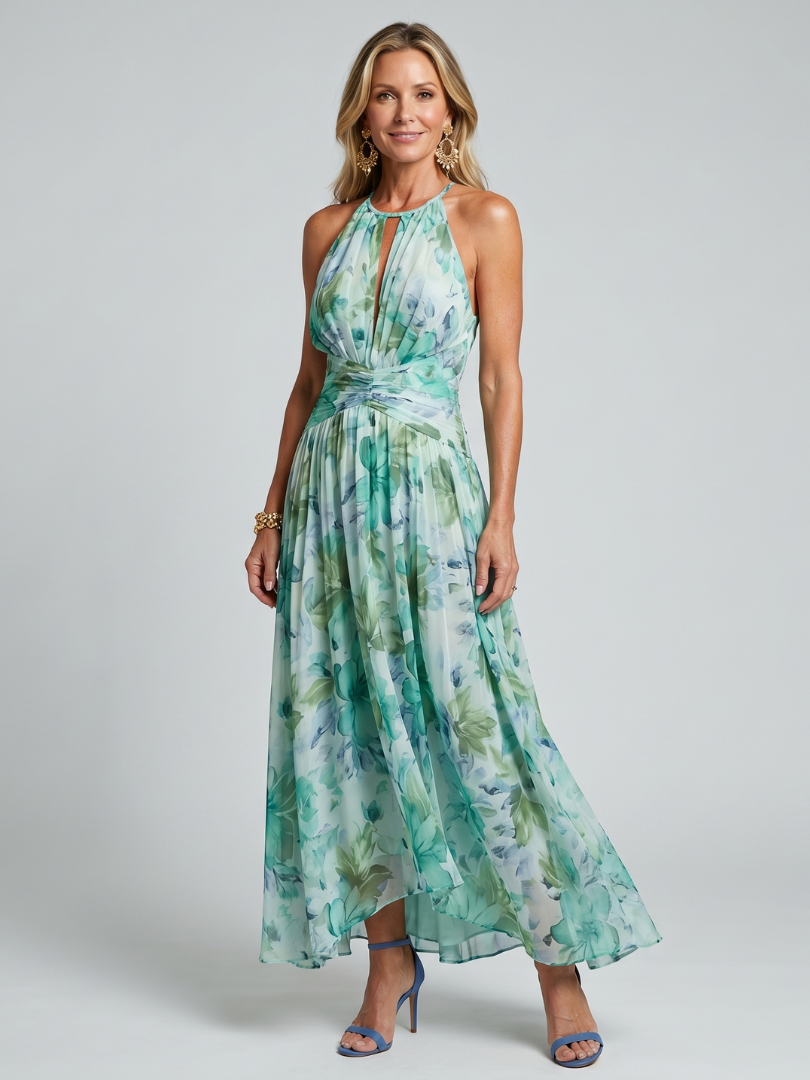 Portia | Abito Midi con Motivo Floreale con Collo Halter Plissettato