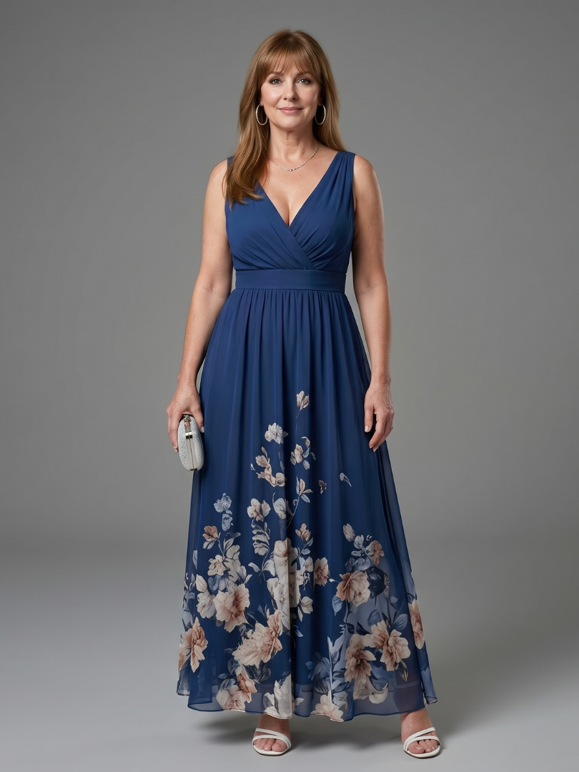 Clarissa | Abito Midi con Motivo Floreale con Scollo a V Senza Maniche