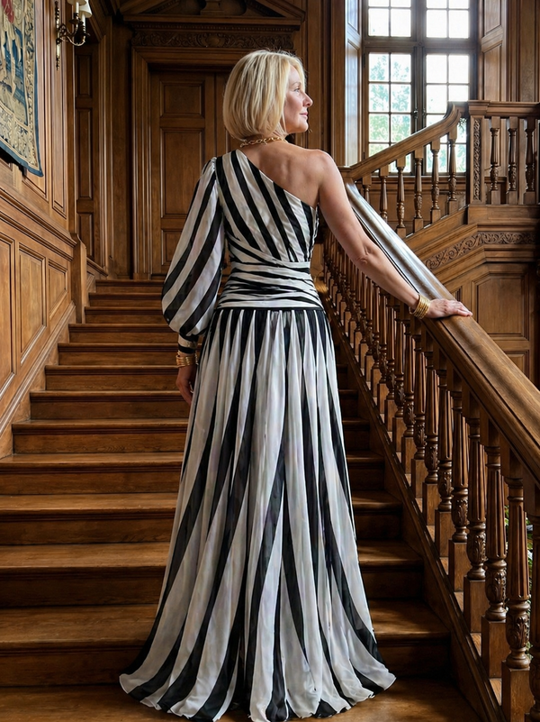 Violet & Grace | Elegante Abito Maxi a Righe Monospalla