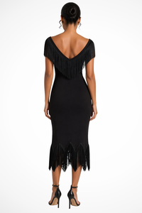 Annabel | Abito Midi con Spalle Scoperte con Frange