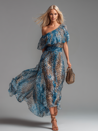 Aliette | Abito in Chiffon con Motivo Leopardato con Spalle Scoperte
