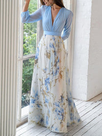 Pénélope | Abito Maxi Azzurro con Motivo Floreale