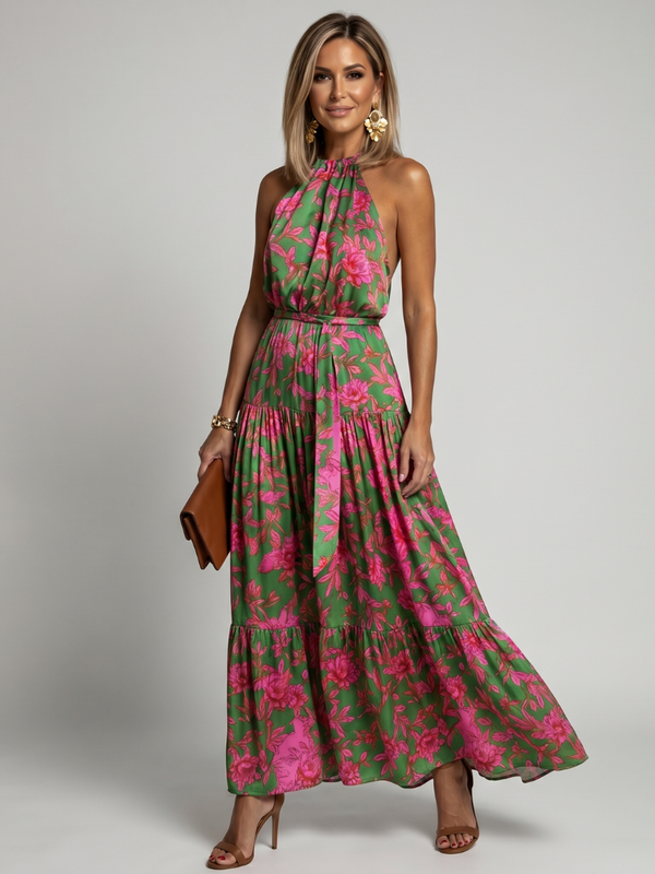 Abito Midi Rosa con Collo Halter Drappeggiato
