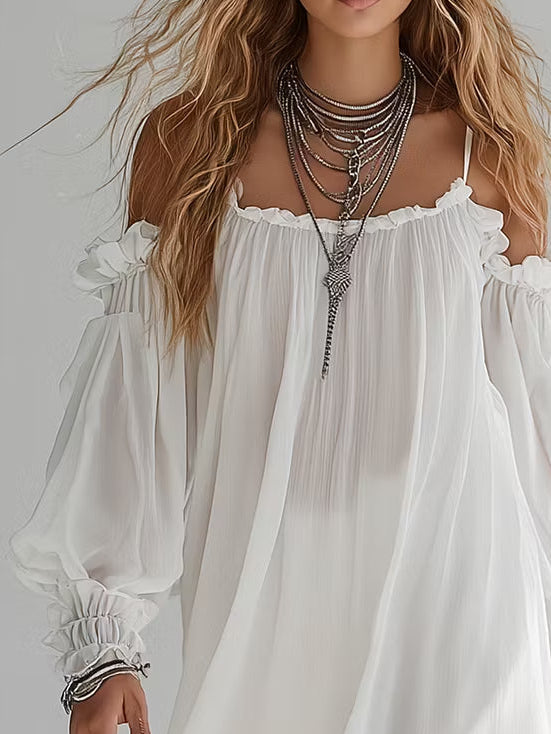 Mélusine | Boho Abito Mini in Chiffon Bianco con Spalle Scoperte