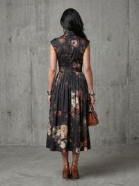 Greta | Abito Midi con Motivo Floreale con Collo Alto Plissettato