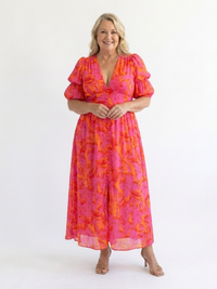 Violet & Grace | Abito Midi con Motivo Floreale con Scollo a V con Maniche a Sbuffo
