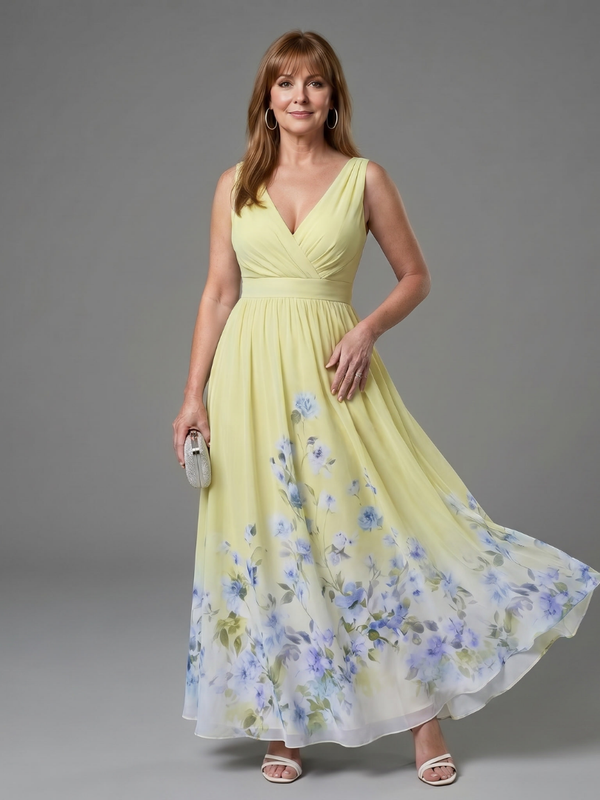 Clarissa | Abito Midi con Motivo Floreale con Scollo a V Senza Maniche