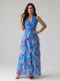 Nori | Abito Maxi con Motivo Floreale con Collo Halter Arricciato