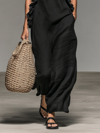 Lucile | Abito Maxi in Lino Nero con Volant con Colletto