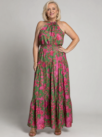 Abito Midi Rosa con Collo Halter Drappeggiato
