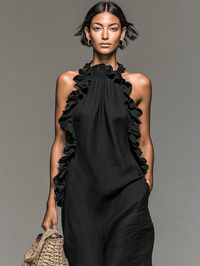 Lucile | Abito Maxi in Lino Nero con Volant con Colletto
