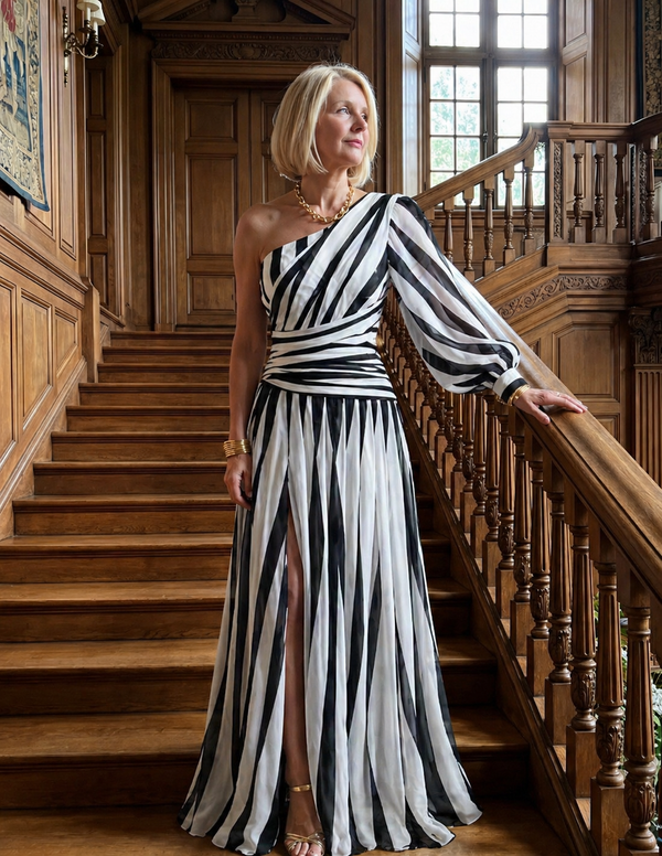 Violet & Grace | Elegante Abito Maxi a Righe Monospalla