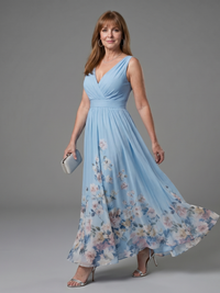 Clarissa | Abito Midi con Motivo Floreale con Scollo a V Senza Maniche