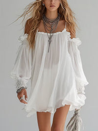 Mélusine | Boho Abito Mini in Chiffon Bianco con Spalle Scoperte