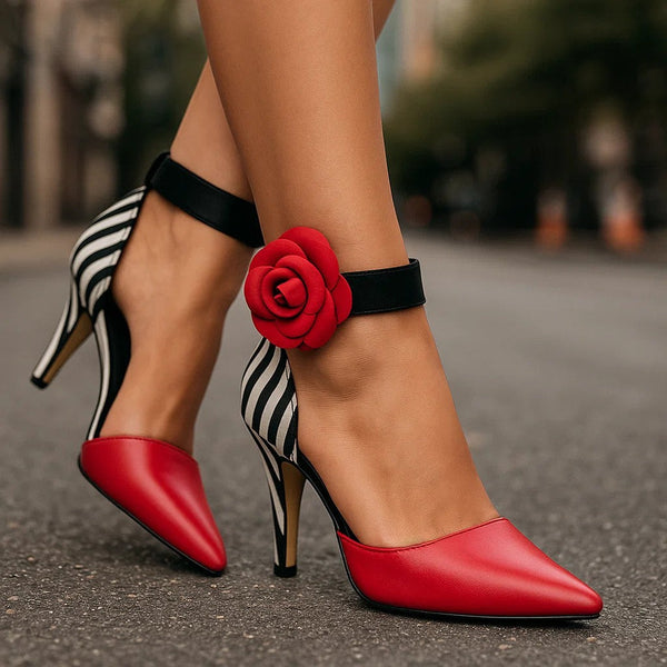 Floral | Scarpe con Tacco Bordeaux con Motivo Floreale con Motivo Leopardato