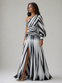 Violet & Grace | Elegante Abito Maxi a Righe Monospalla
