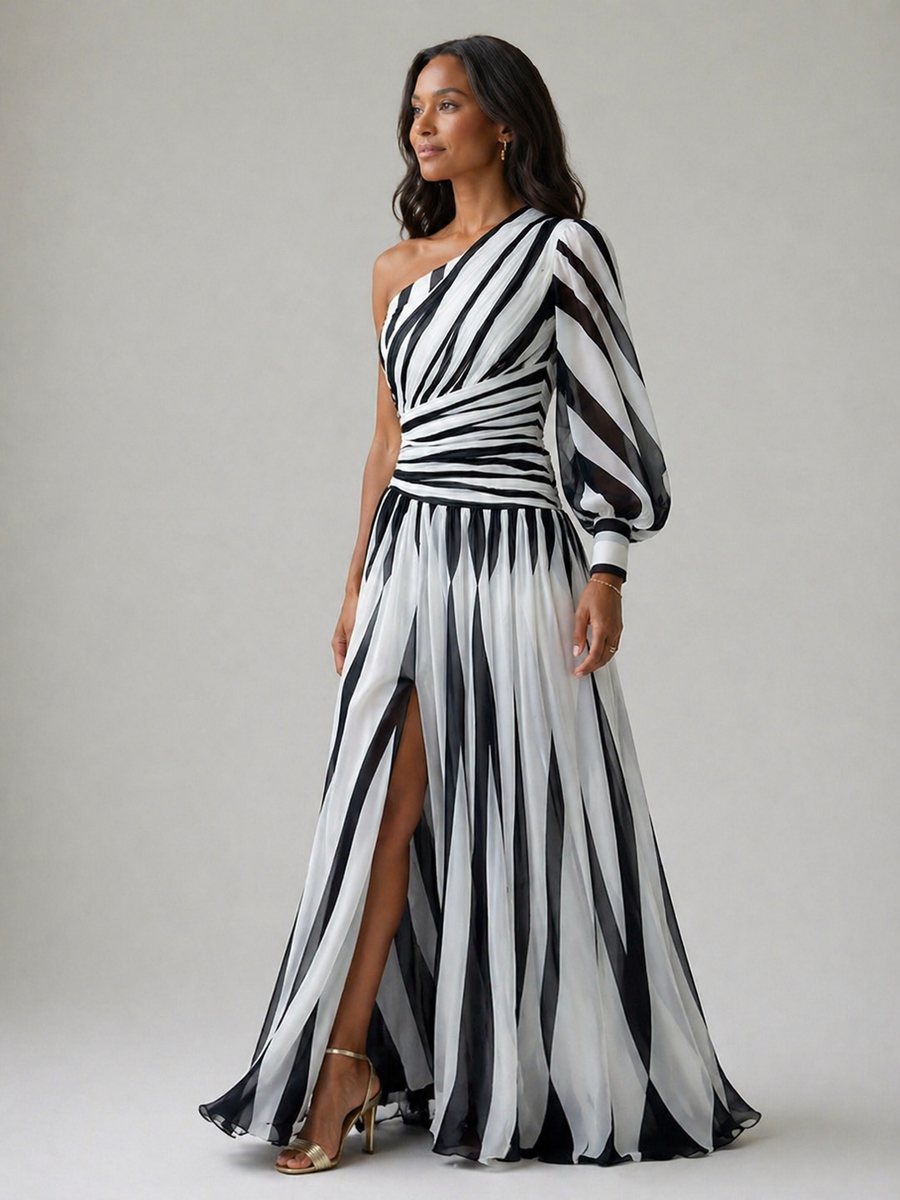 Violet & Grace | Elegante Abito Maxi a Righe Monospalla