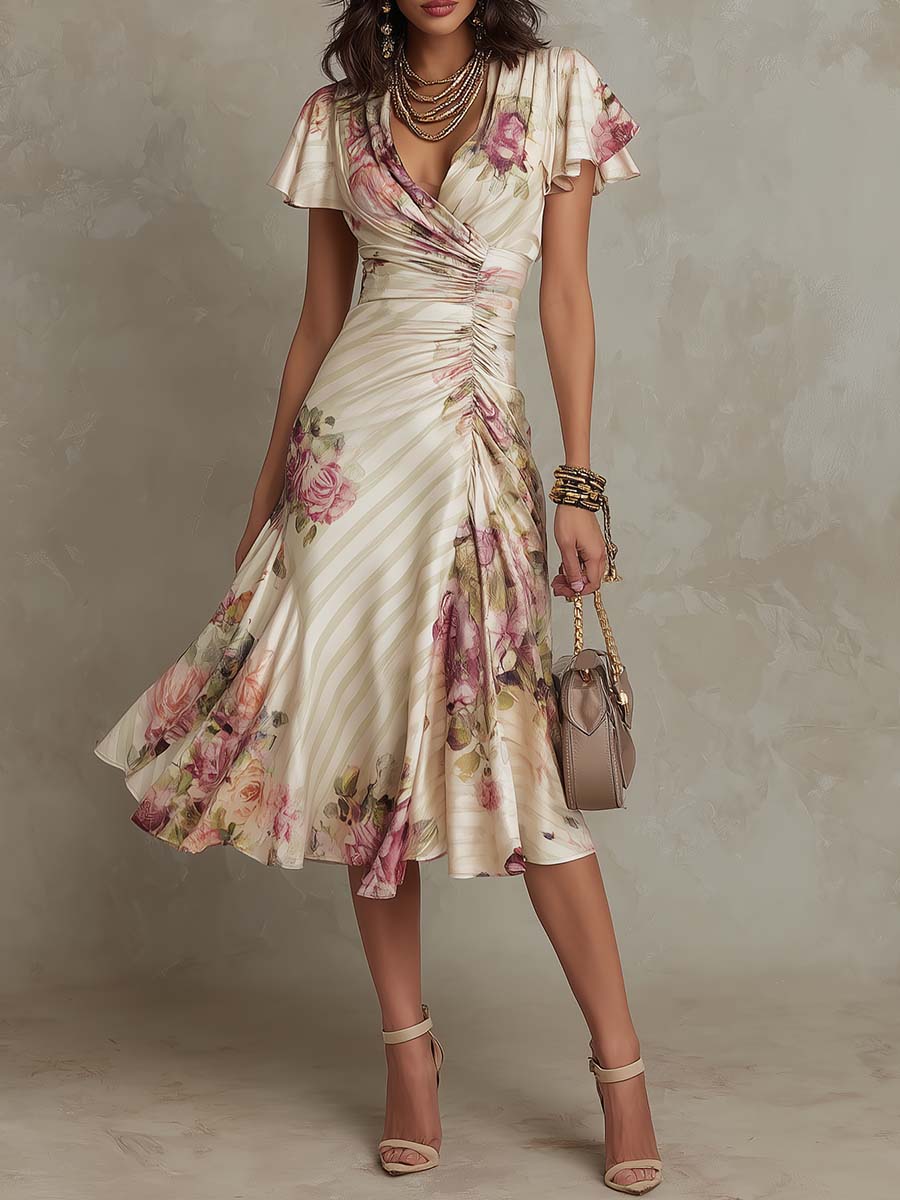 Margaret | Vintage Abito Midi in Raso con Motivo Floreale
