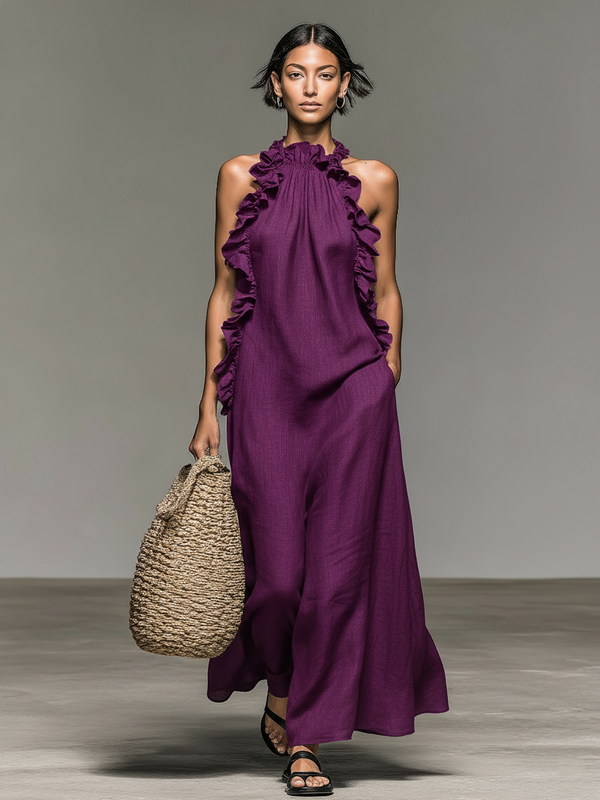Lucile | Abito Maxi in Lino Nero con Volant con Colletto