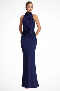 Ottilie | Abito Maxi in Raso con Collo Halter Drappeggiato