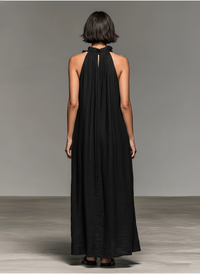 Lucile | Abito Maxi in Lino Nero con Volant con Colletto