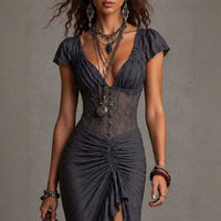 Corset Midi Dress | Prodotto in Pizzo Arricciato con Spacco