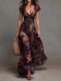Maxi Pleated Dress | Prodotto con Motivo Floreale con Scollo a V